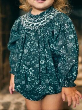 Girls' Teal Floral Smocked Long-Sleeve Dress